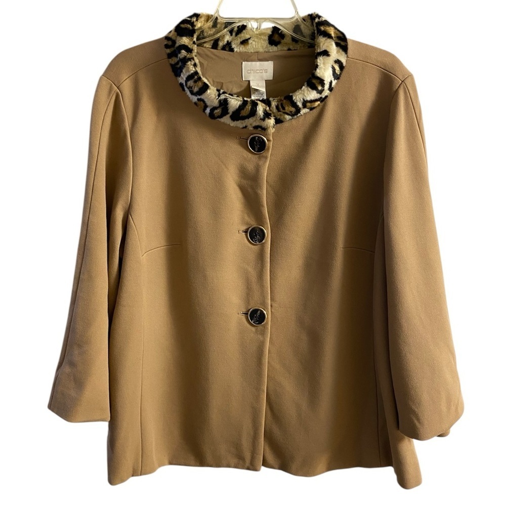 Chico's Camel Faux Fur Collar Button Front Jacket XL - Picture 2 of 8